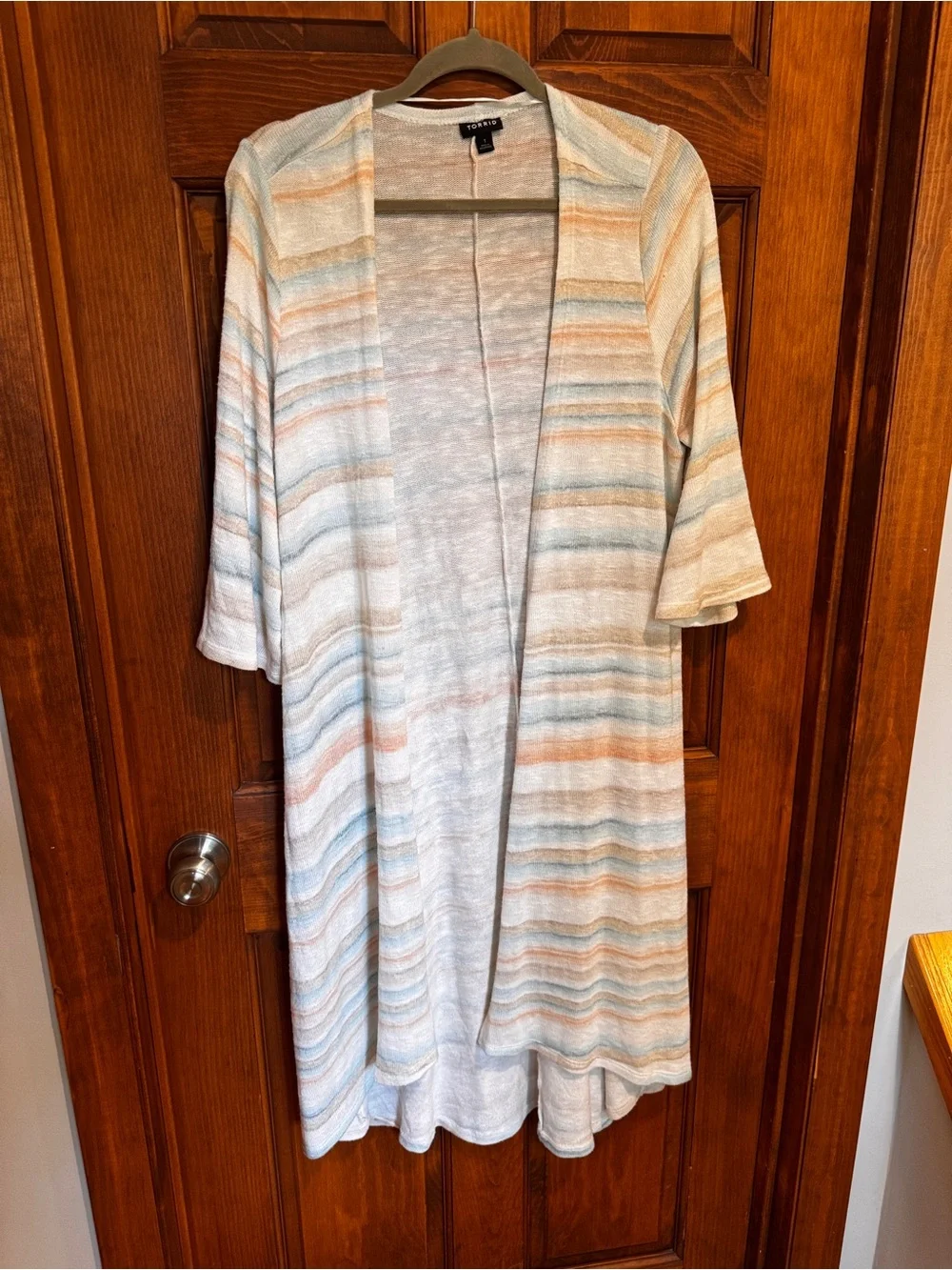 torrid Cream and Light Blue Striped Open Front Cardigan